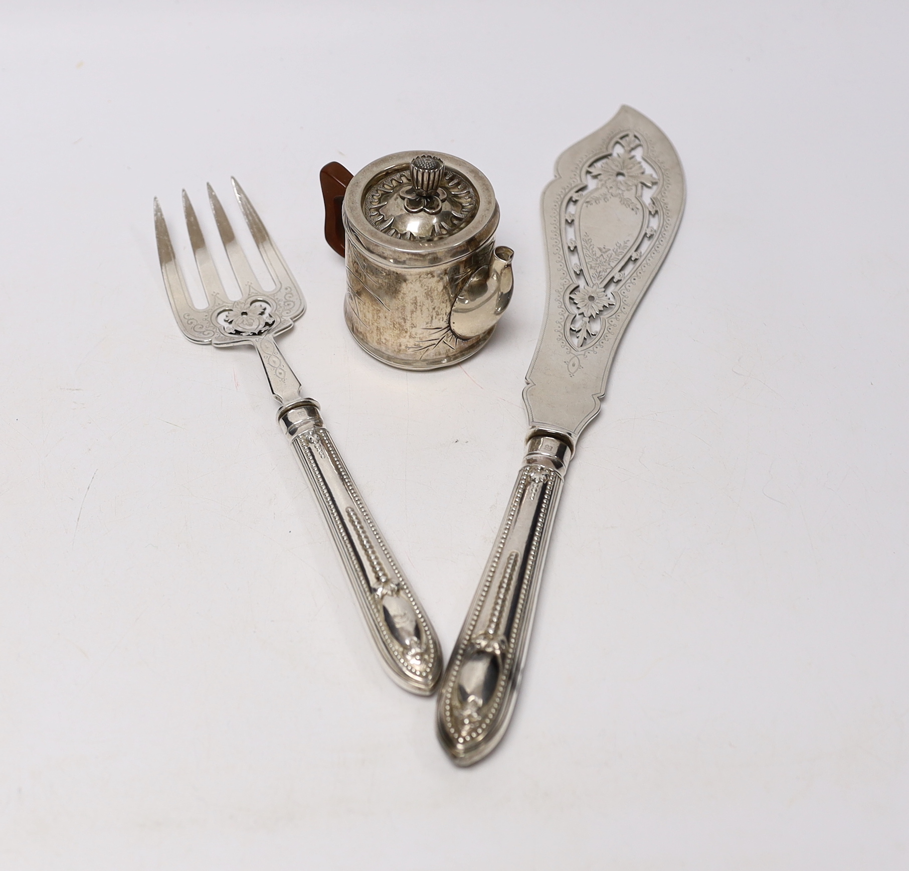 A pair of Victorian silver fish servers, Martin, Hall & Co, Sheffield, 1850, knife 33.1cm, together with a Japanese white metal miniature teapot, with bamboo decoration and lacquered handle.